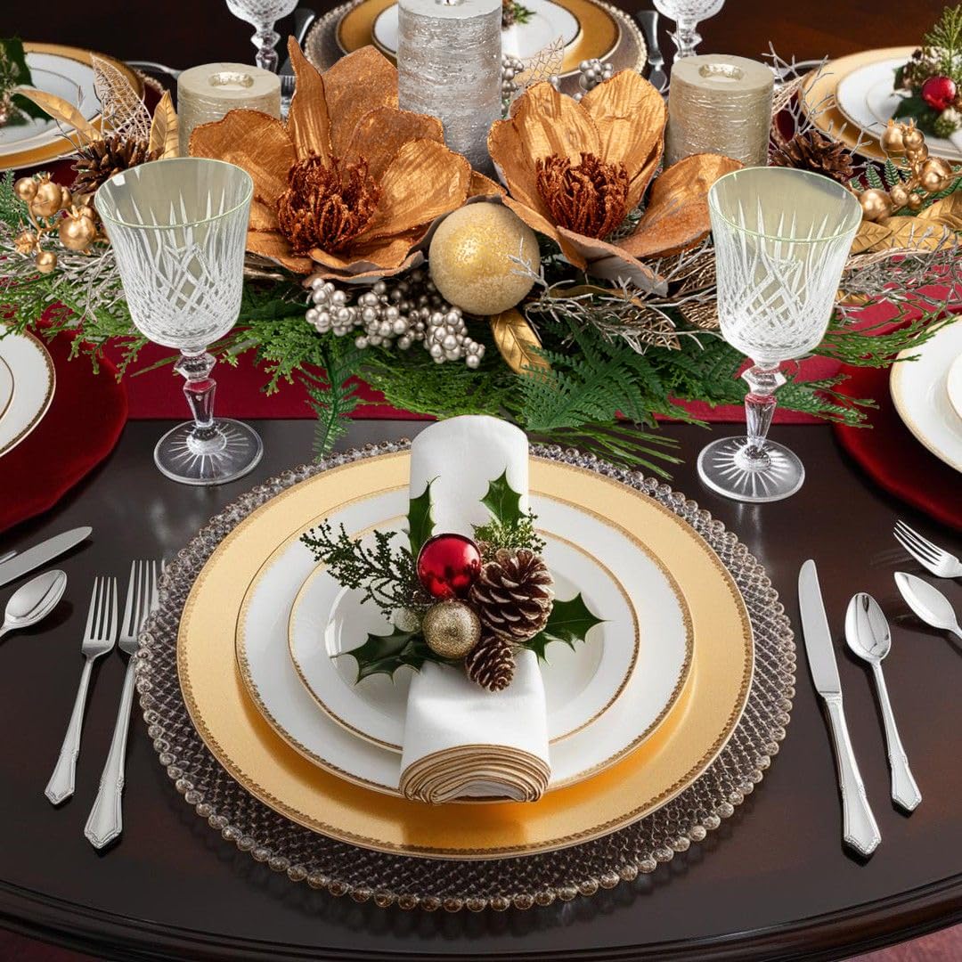 35" Champagne Christmas Centerpiece with Candle Holders, Magnolias Gold Christmas Balls Berries Leaves Branches Pine Cones Pine Needles for Xmas Table Decor, Holiday Candelabrum for Mantel Decorations