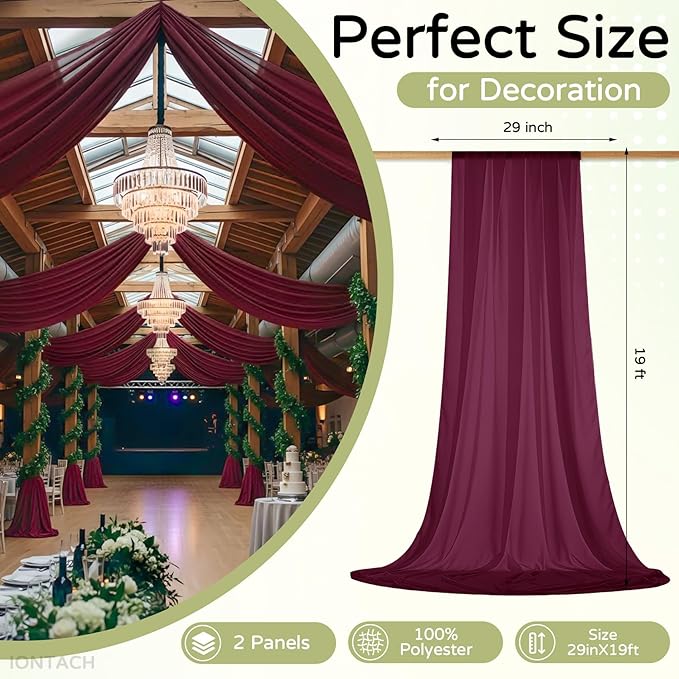 Wedding Arch Draping Fabric 29" x 19Ft Sheer Drapes for Backdrop Wedding Ceremony Reception Ceiling Decor Curtain Baby Bridal Shower Decoration (Burgundy, 2 Panels)