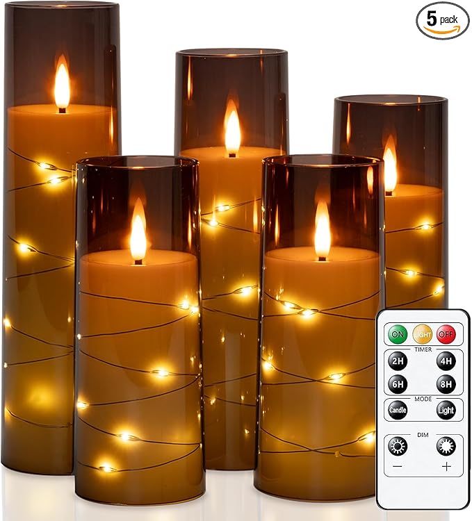 Raycare Flameless Candle with Remote Timer – 5 Flickering Acrylic Battery Operated LED Pillar Candles with Embedded Star String for Halloween, Fall Decor, Harvest Festival Gifts(Grey)