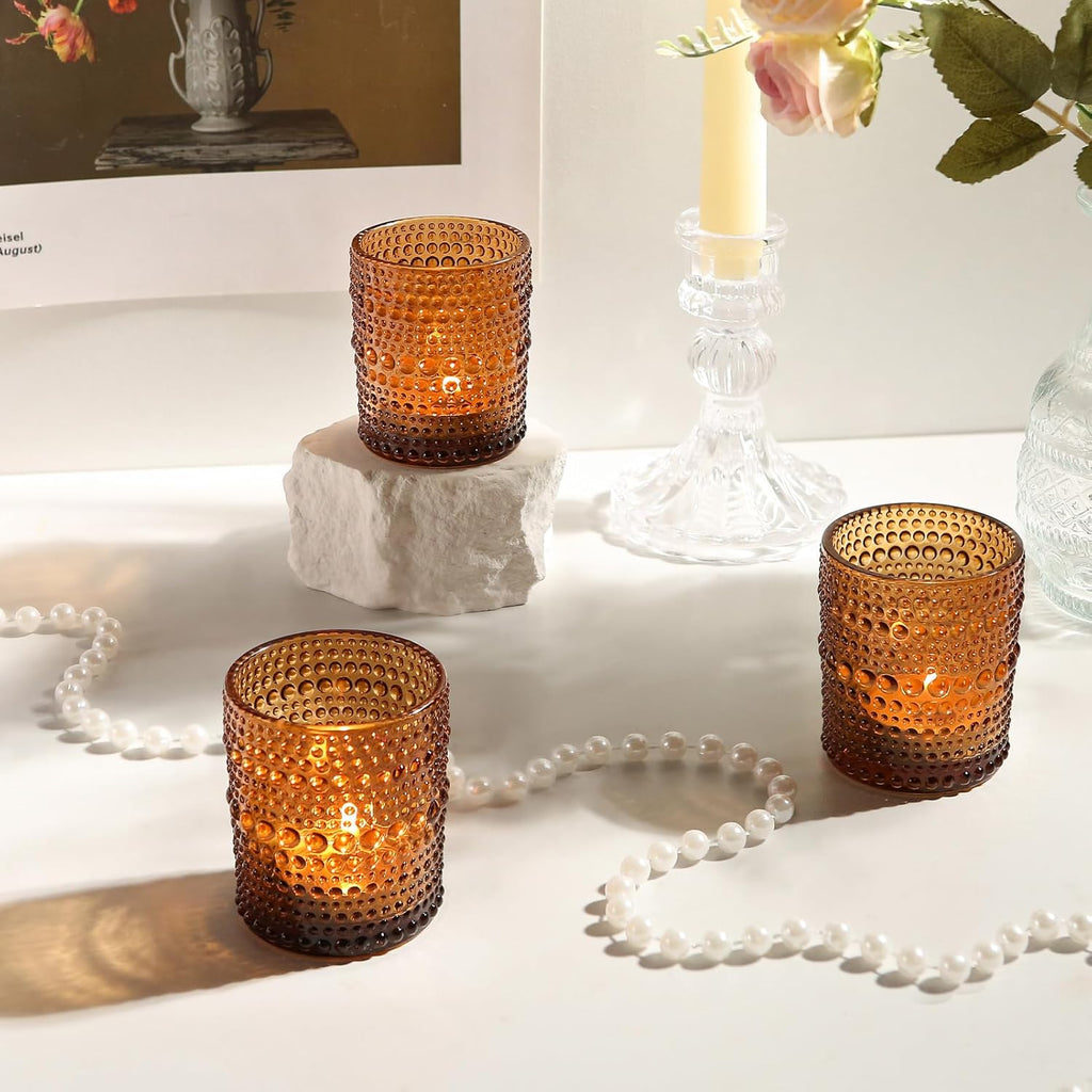 12Pcs Amber Votive Candle Holders 2x2.5in, Glass Tea Light Candle Holder for Wedding Table Decor & Christmas Thanksgiving