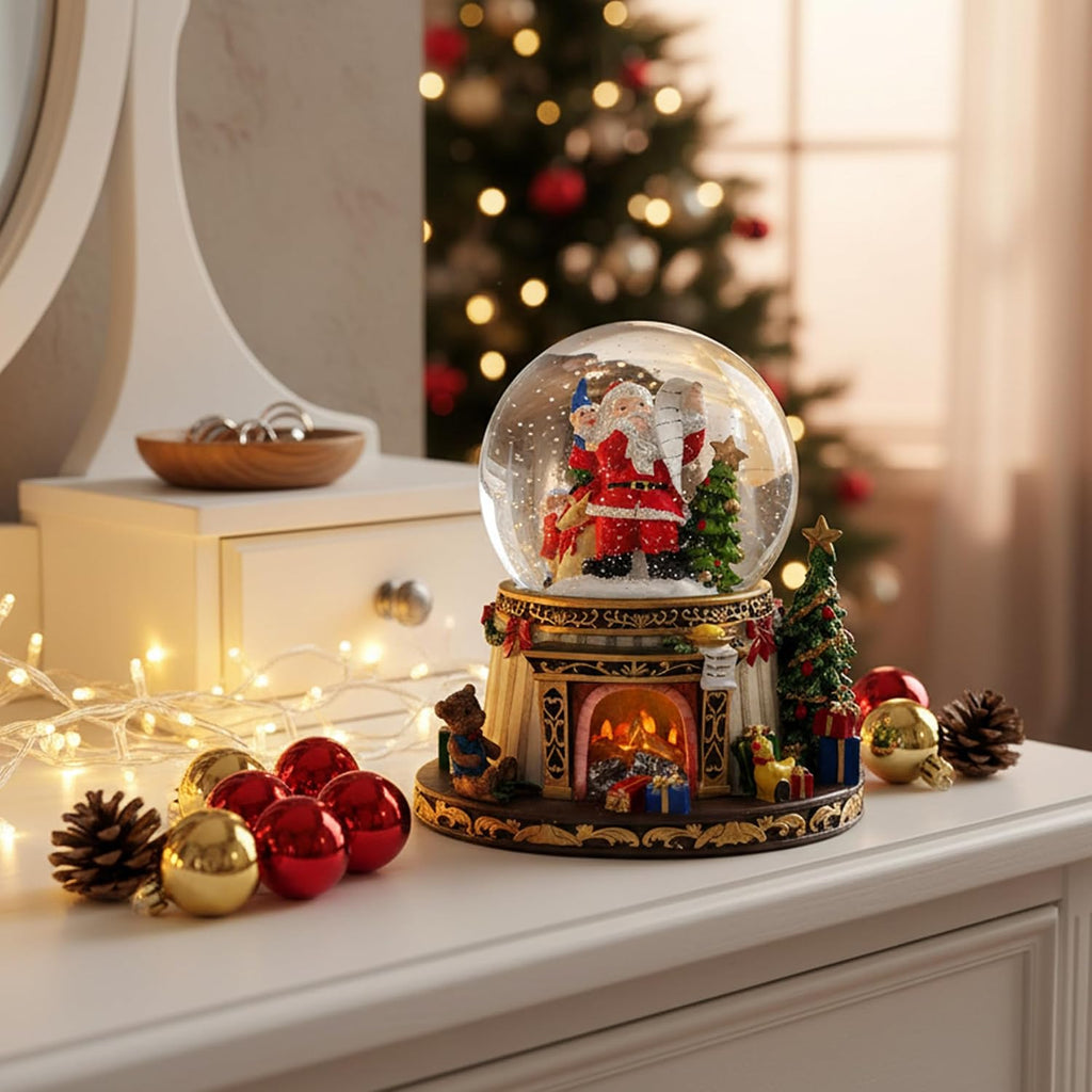 Santa Claus Fireplace Musical Snow Globe,Automatic Snowfall & Fireplace Flame Music Box,Christmas Home Decoration,Ideal Gifts for Family, Girlfriend, Friends,Plays 8 Classic Christmas Tunes