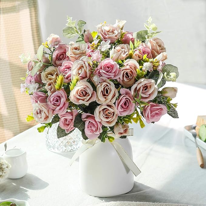 LESING Artificial Silk Rose with Vase Fake Flowers Wedding Flowers Bouquets Arrangement Home Office Party Centerpiece Table Decoration (Purple)