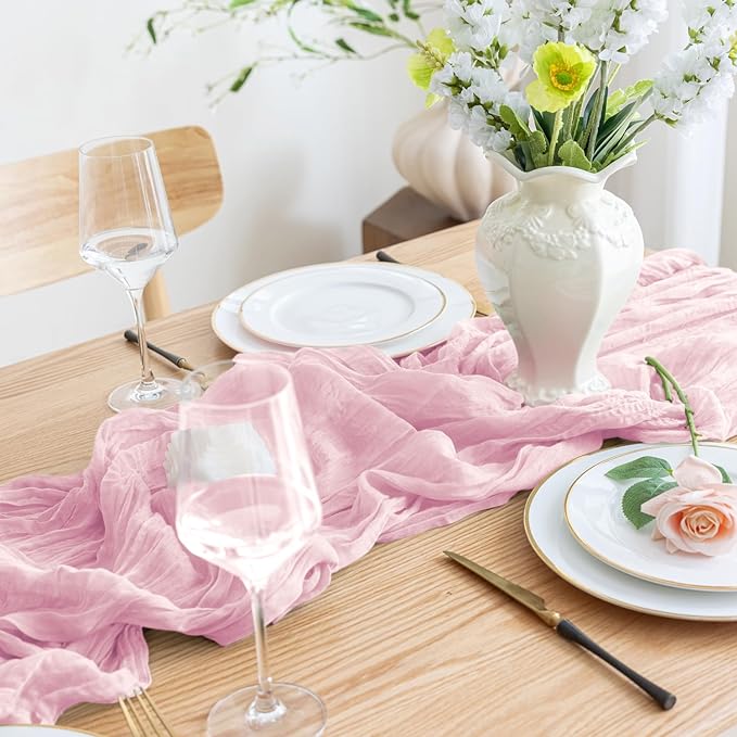 Asee'm 4pcs Cheesecloth Table Runner 120 Inches Blushing Pink Boho Gauze Cheese Cloth Runner 10FT Rustic Sheer Table Runners for Summer Wedding Baby Shower Holiday Party Decoration