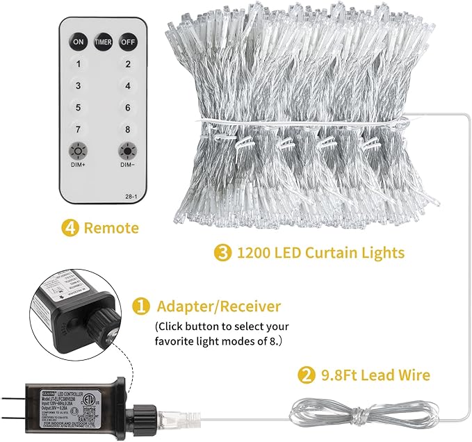 Brightown 1200 LED Curtain String Lights, 9.8 FT Hanging Fairy Lights with Remote, 8 Modes, Connectable Waterproof Window Lights for Bedroom Backdrop Wedding Outdoor Christmas Party, Warm White