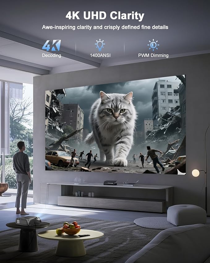 High Bright Projector 1800 ANSI Lumens, HDR10+, 4K Support, WiFi6 & Bluetooth, Smart Android TV with Apps, HDMI/ USB, for Daylight Viewing, Low Input Lag Gaming, Silent Bedroom, Wireless Presentation