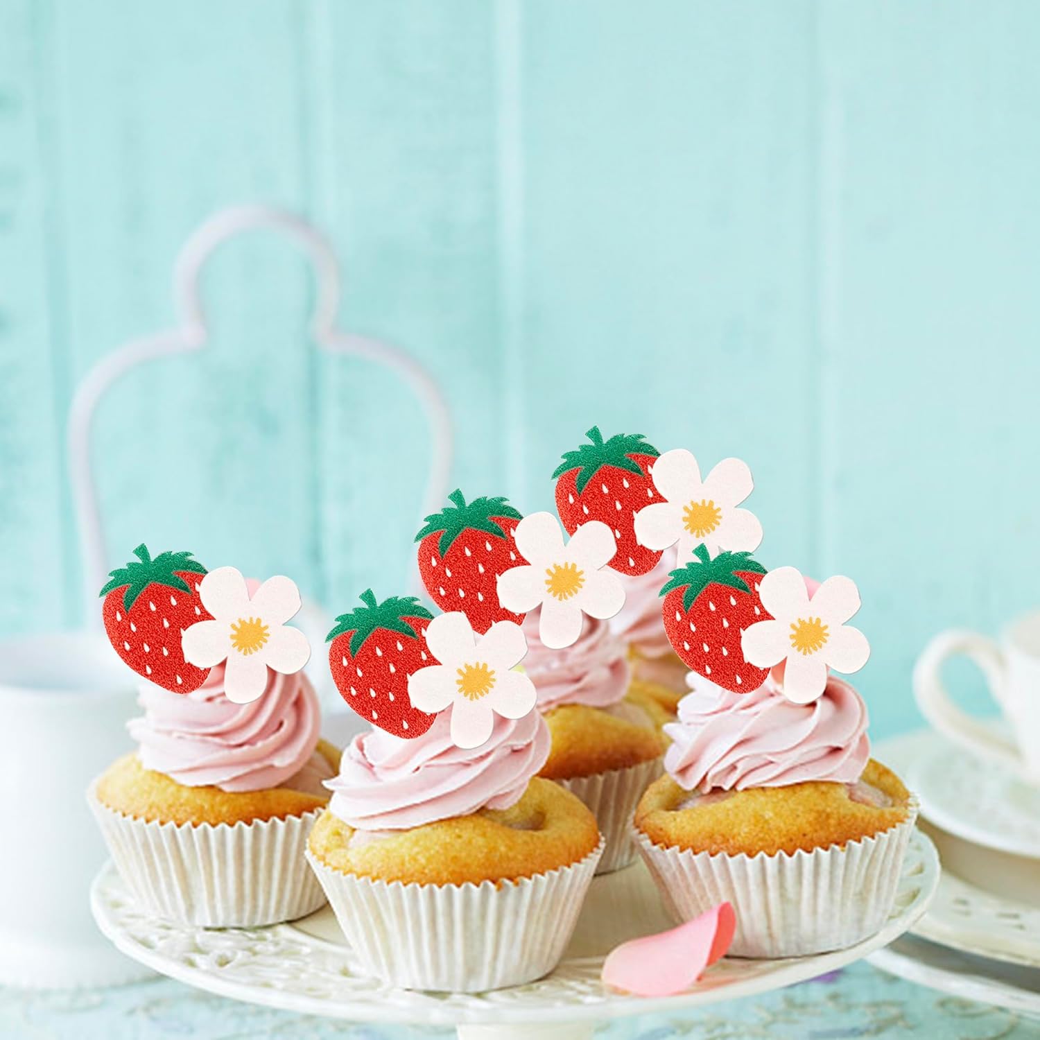 60 Pack Edible Sweet Strawberry Flower Cupcake Toppers First Birthday Strawberry Flower Rice Paper Wafer Paper Cake Picks for Fruit 1st Berry Sweet Kids Birthday Cake Decorations
