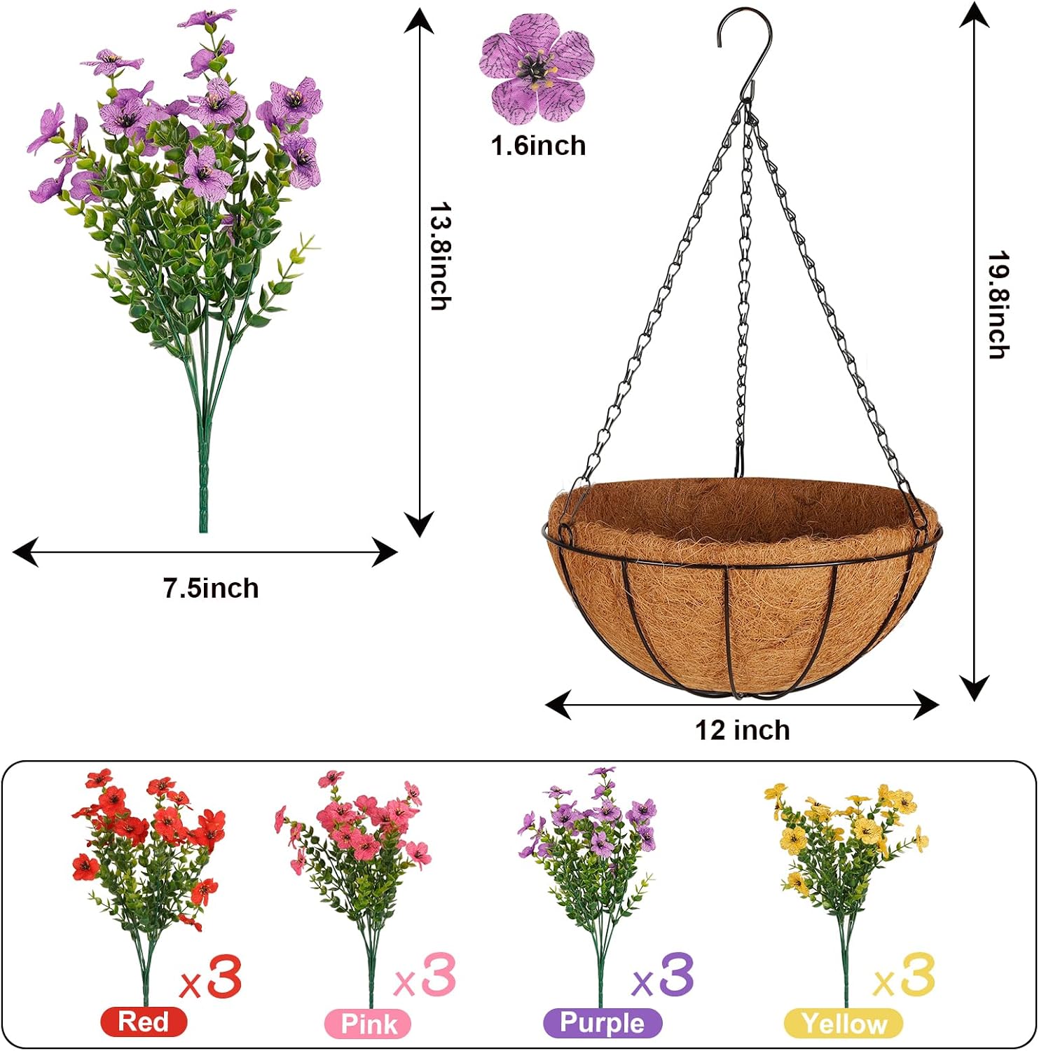 Artificial Outdoors Flowers with Hanging Basket, UV Resistant Fake Hanging Flowers, Faux Silk Plants with Planters for Porch Home Patio Balcony Yard (Rose Red, Purple, Yellow, Red)