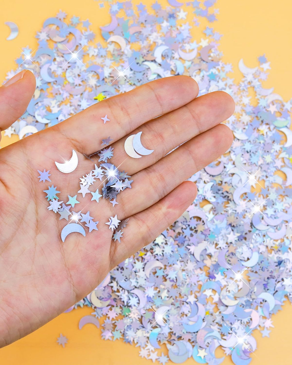 4000 Pcs Star Confetti, Glitter Confetti, Holographic Metallic Star Glitter, Holographic Moon for Party Decorations, Wedding, Birthday, Festival, DIY, Unicorn Theme, Silver, 10mm