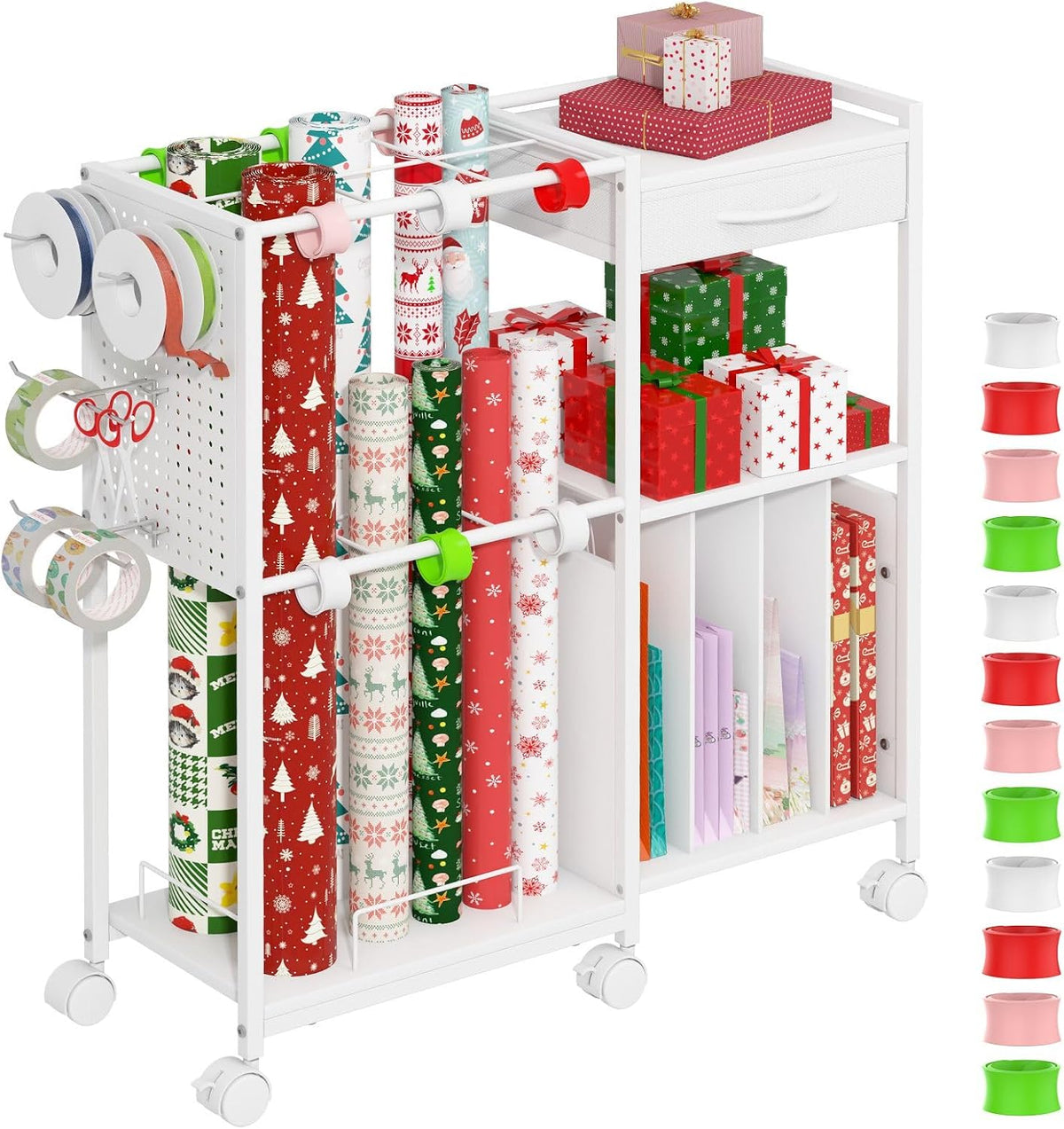 wrapping paper storage cart, rolling gift wrap station, main product view