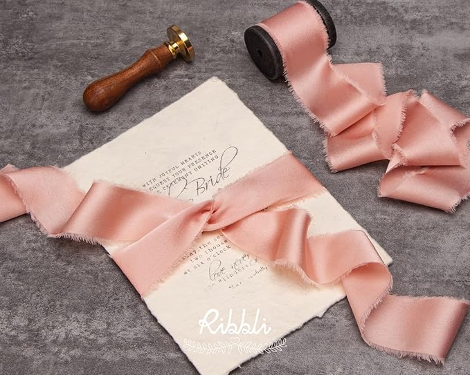 Ribbli Rose Gold Silk Satin Ribbon 1.5 Inch x 12 Yard Handmade Frayed Chiffon Ribbon with Wooden Spool for Gift Wrapping, Wedding Invitations, Bridal Bouquets, Home Decor