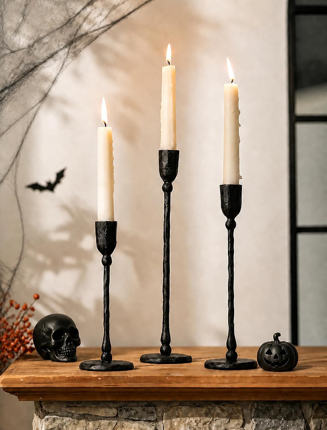 NUPTIO Cast Iron Candlestick Holders: Black Candle Stick Holder Set of 3