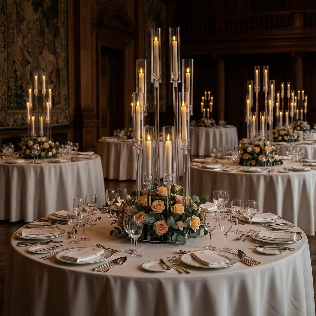 16PCS 8 Arm Acrylic Candelabra Centerpieces for Tables,Clear Candlestick Holders Decor Wedding Centerpiece with Shade for Anniversary Party Brithday candelabros para centros de mesa