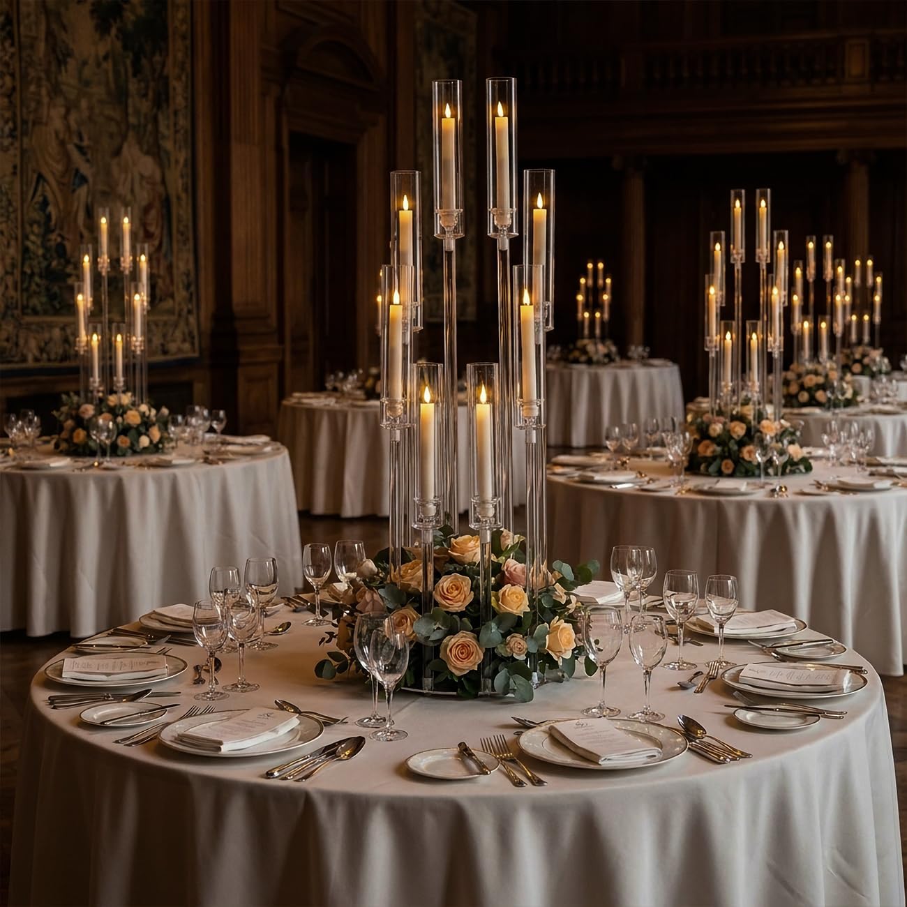 16PCS 8 Arm Acrylic Candelabra Centerpieces for Tables,Clear Candlestick Holders Decor Wedding Centerpiece with Shade for Anniversary Party Brithday candelabros para centros de mesa