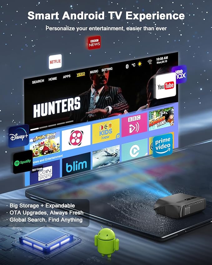 High Bright Projector 1800 ANSI Lumens, HDR10+, 4K Support, WiFi6 & Bluetooth, Smart Android TV with Apps, HDMI/ USB, for Daylight Viewing, Low Input Lag Gaming, Silent Bedroom, Wireless Presentation