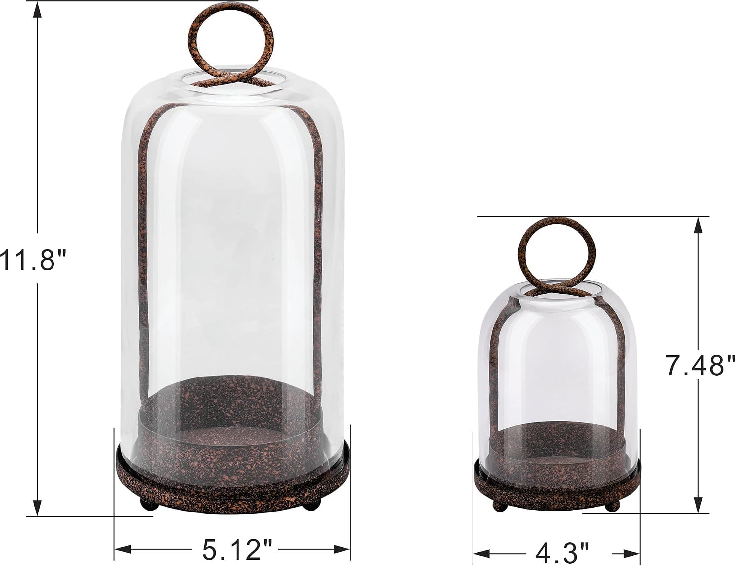 5" & 4" Wide Versatile Metal Candle Holder in Rustic Brown with Handmade Thick, Heavy & Sturdy Glass Dome for Pillar Candle, Industrial, Modern, Shelf, Mantel, Veranda, Porch