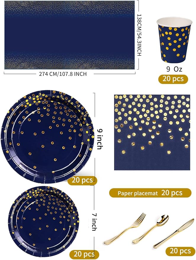 141 Pieces Navy Blue Gold Party Supplies, Party Dinnerware Sets Include Paper Plates Napkins Cups Silverware, for Wedding Bridal Shower Engagement Birthday Parties Decoration -20 Serves