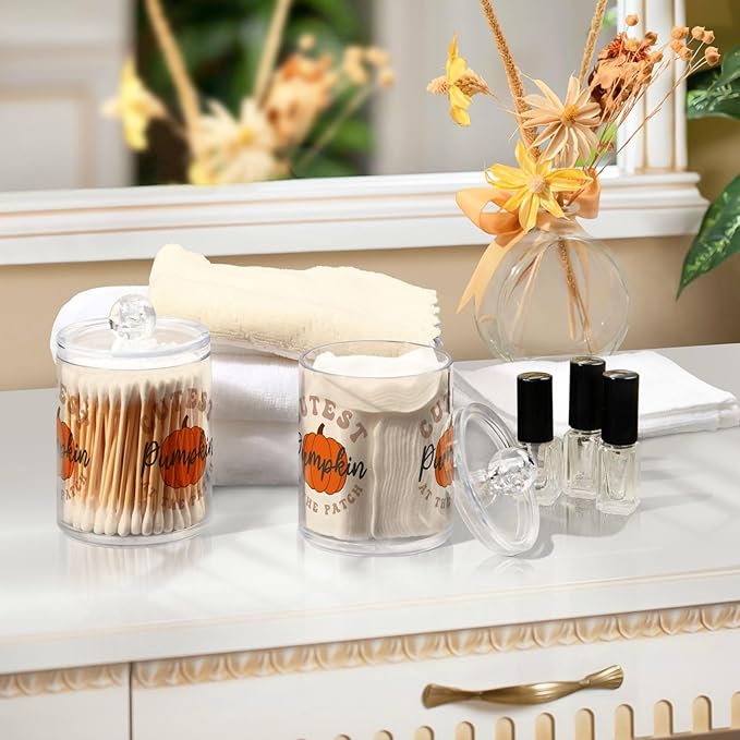 Gredecor 2 Pack Apothecary Jars with Lid Cutest Pumpkin Qtip Holder Dispenser Storage Containers Clear Plastic Cute Rustic Fall Autumn Thanksgiving Theme Canisters for Bathroom Vanity Organization