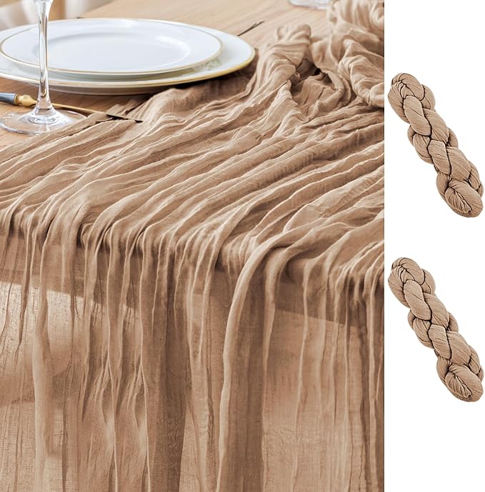 Asee'm 2pcs Cheesecloth Table Runner 120 Inches Long Nude Boho Gauze Cheese Cloth Runner 10FT Rustic Sheer Table Runners for Christmas Wedding Party Baby Shower Spring Easter Decoration