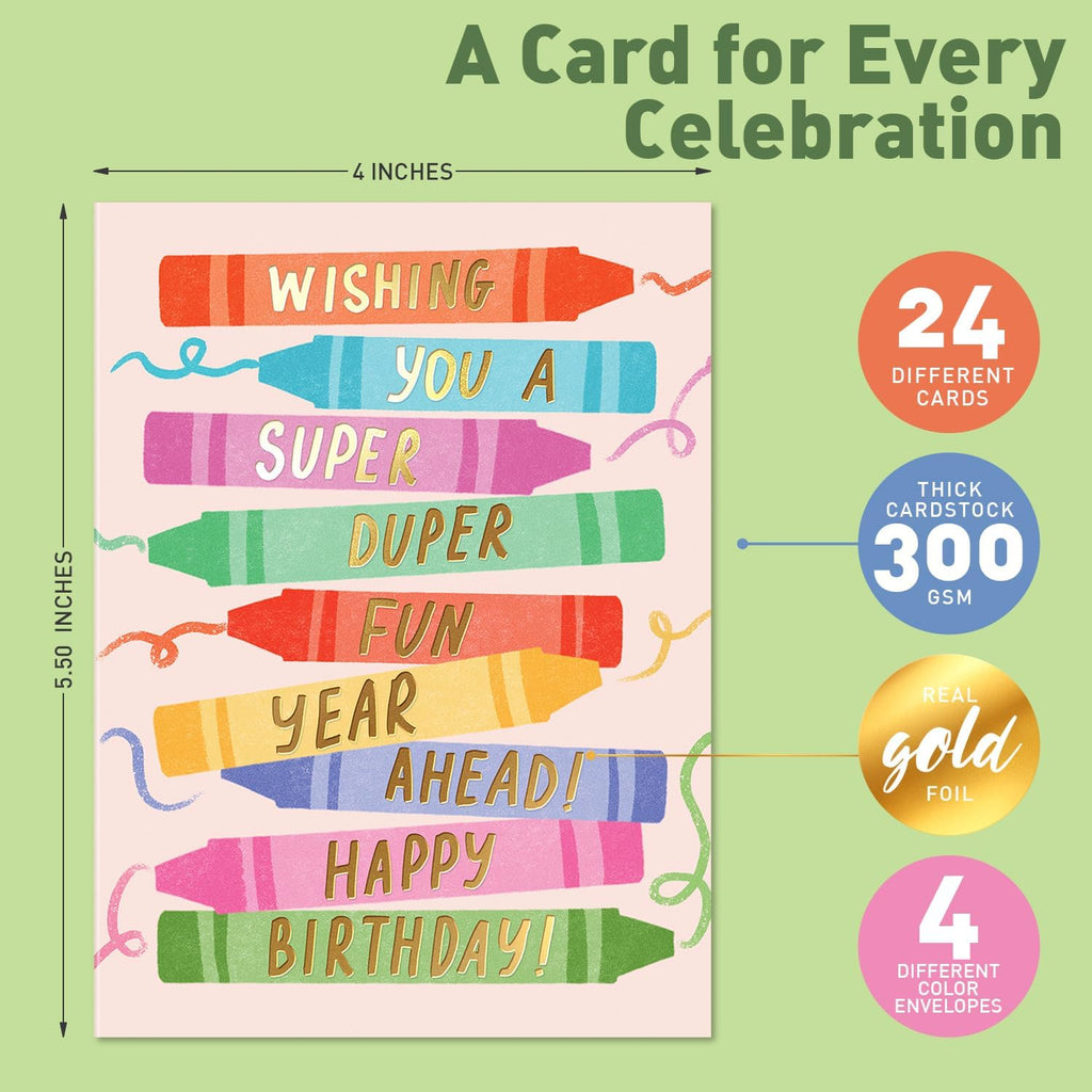 Sweetzer & Orange Happy Birthday Cards with Envelopes & Assortment Box. Variety Set of 24 Assorted Birthday Cards with Envelopes, Perfect Bulk Pack for Celebrations, Special Occasions, Friends-4x5.5"