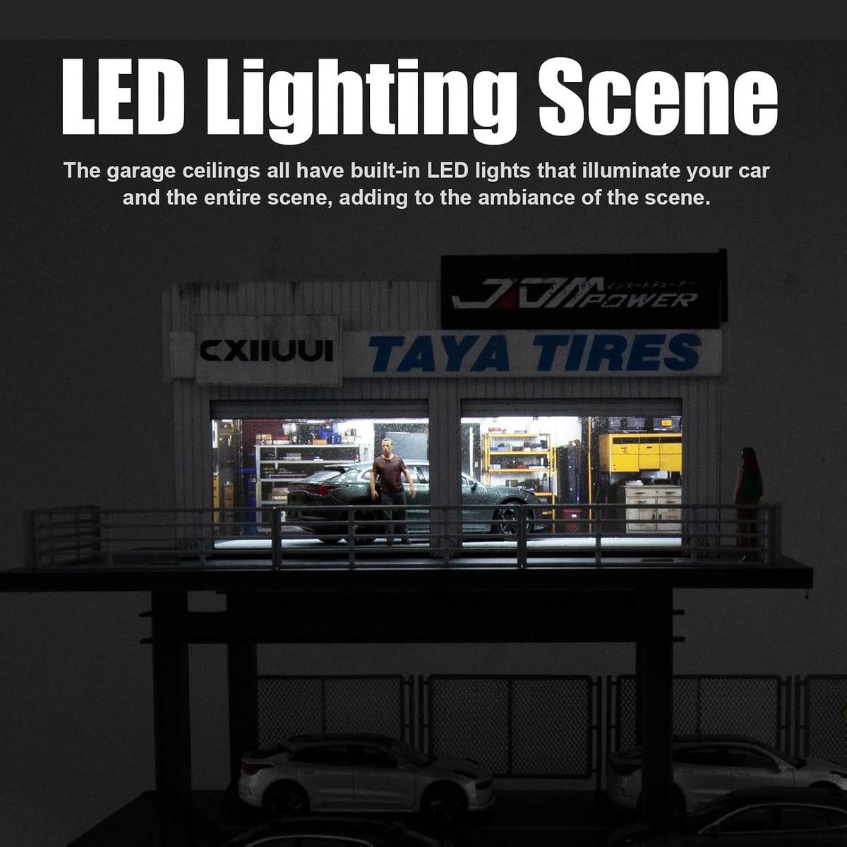 1/64 scale car repair scene model garage display, side view