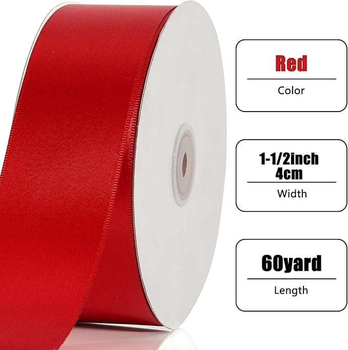 NESCCI 60 Yards Ribbon,1-1/2 Inch Red Satin Ribbon,Single Face Satin Ribbons, Perfect for Gift Wrapping,Wedding Decoration,Handmade Bows,Wrapping Bouquet and More