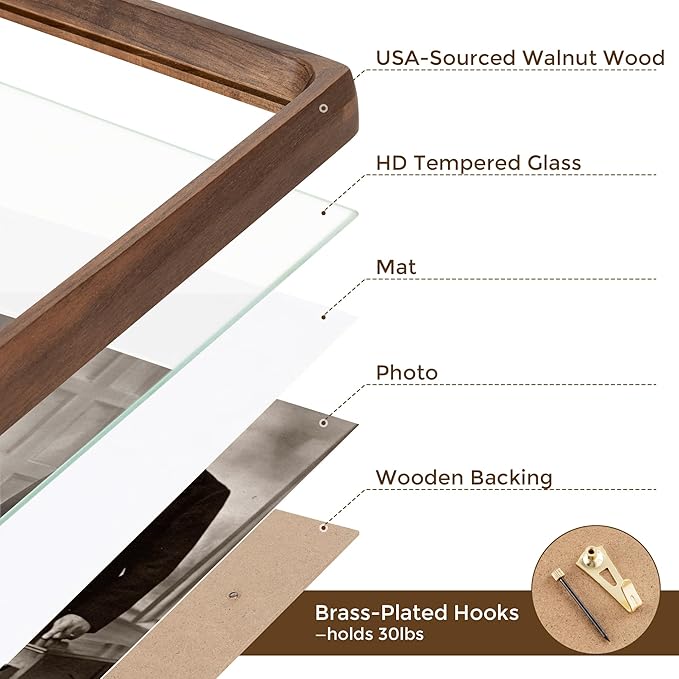 22x28 Frame with Mat to 18x24 Picture Frames USA-Sourced Natural Solid Walnut Wood Handcrafted Rounded Corner Display with Real Glass Family Picture, Wedding Photo