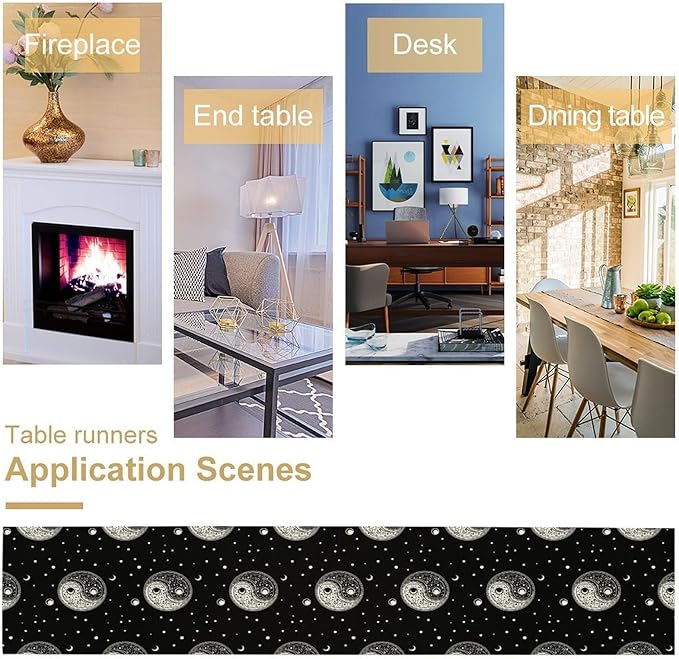 Mystical Celestial Table Runner, Vintage Bohemian Black Yin Yang Symbol Moon Stars Print Table Runner for Office Kitchen Dining Wedding Party Home Coffee Table, 13x60inch