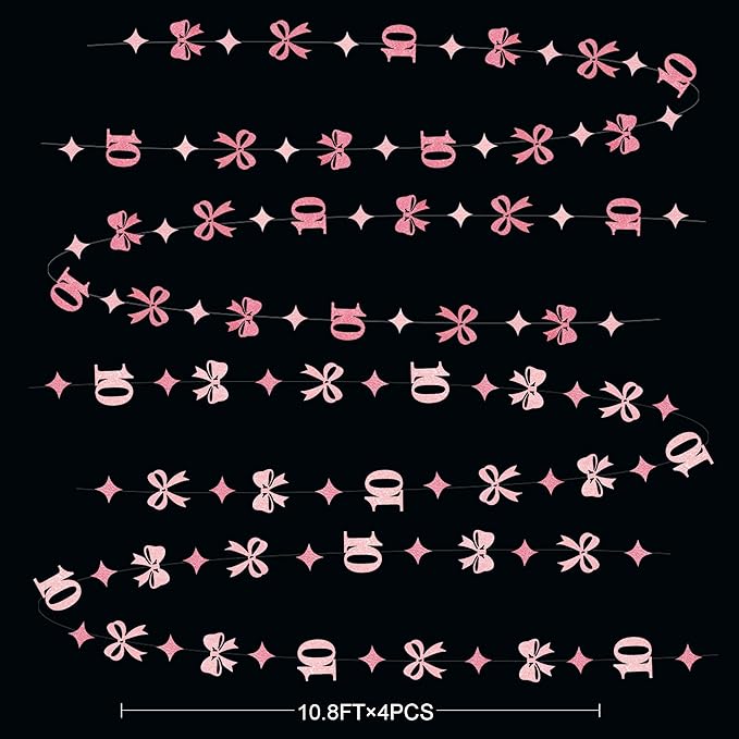 Glitter Pink 10th Bow Birthday Decorations Hot Pink Conquette Bow Garland Streamer Banner Backdrop for Girls Happy 10th Birthday Double Digits I'm 10 Cheers to 10 Years Old Anniversary Party Supplies