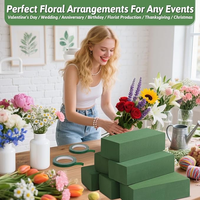 MAPVOLUT 6 Pack Green Floral Foam Blocks (9.1"x4.1"x2.8") + 2 Rolls Waterproof Floral Tape | Wet & Dry Flower Arrangement Foam for Fresh/Silk Flowers, DIY Crafts, Weddings, Centerpieces