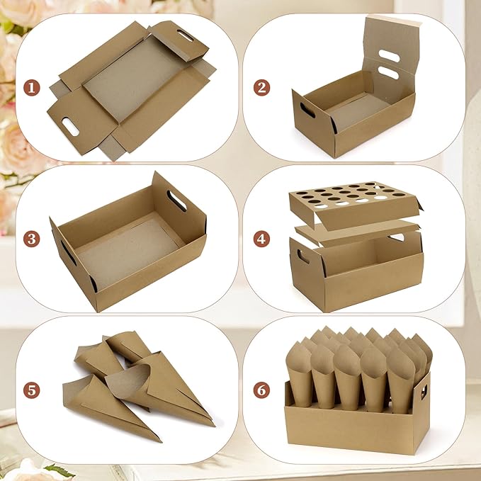 2 Set Wedding Confetti Cone Stand Box, 2 Party Cardboard Cone Holders Trays of 20 Holes Each with 40 Kraft Cone Paper for Wedding, Party, Celebration, Decoration