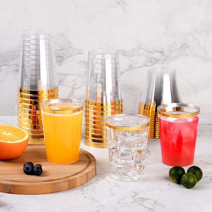 Goodluck 100PCS 10oz Gold Plastic Cups for Party, Disposable Gold Rim Cups, Plastic Cocktail Glasses for Wedding Thanksgiving, Christmas, and Parties