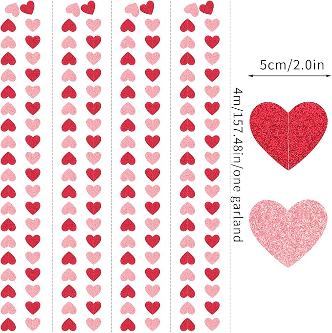 Red Pink Party-Decorations Heart Garland - 52ft Streamers Paper Banner,Proposal Anniversary Romantic Birthday Baby Shower Rustic Wedding Hanging Ornaments Decor Hugfond