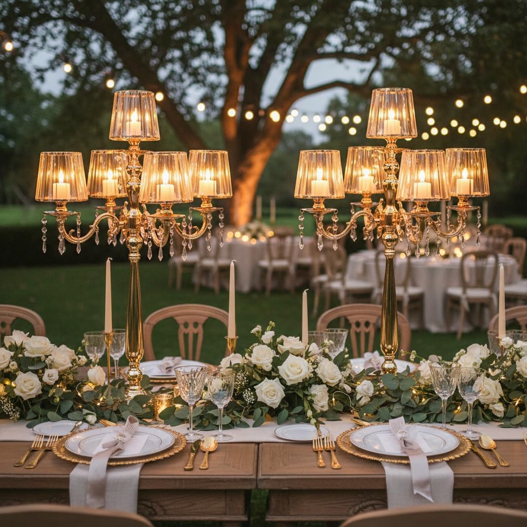 5 Arms Crystal Gold Candelabra Centerpiece | 33 Inch Tall Candle Holder with Glass Shade,Table Decor for Wedding Anniversary Dinner Party Home Gift