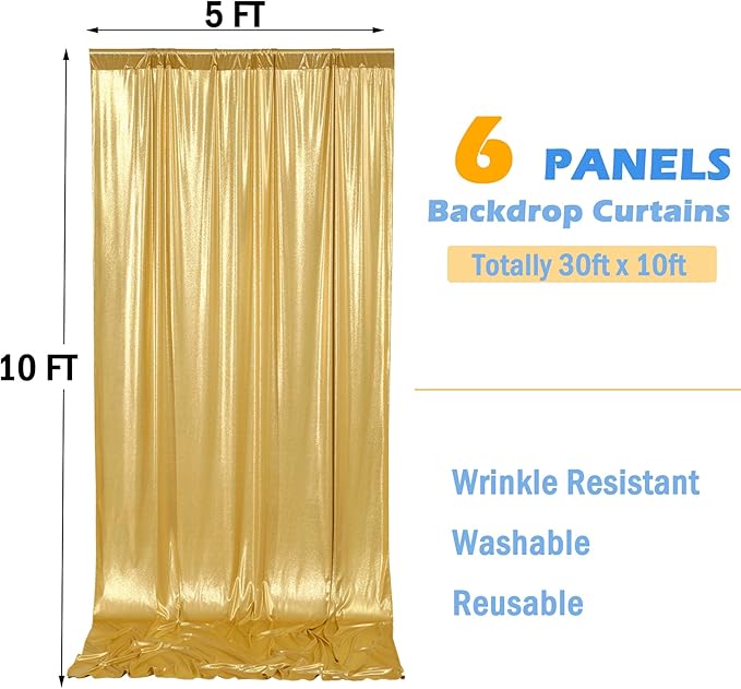 30ft x 10ft Gold Sequin Backdrop Curtain for Parties, Wrinkle Free Thick Glitter Photo Backdrop Drapes 6 Panels 5x10FT Back Drop Cloth Shiny Fabric for Wedding Birthday Photography Background