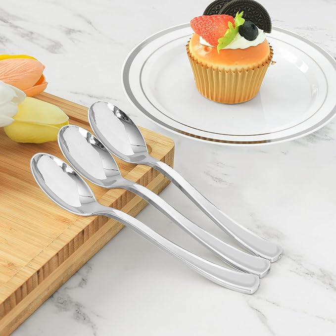 BESTVIP 50 Pack 6.9 Inch Silver Plastic Spoons, Heavy Duty Plastic Silverware, Heavyweight Silver Disposable Spoons, Disposable Serving Utensils for Catering, Parties, Dinners, Weddings, Christmas
