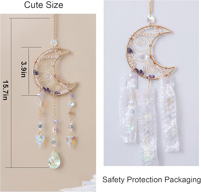 TUOKING Crystal Moon Suncatchers for Window Hanging Natural Healing Stones Wind Chimes Sun Catcher Rainbow Maker Good Luck Gifts Decor for Home Garden