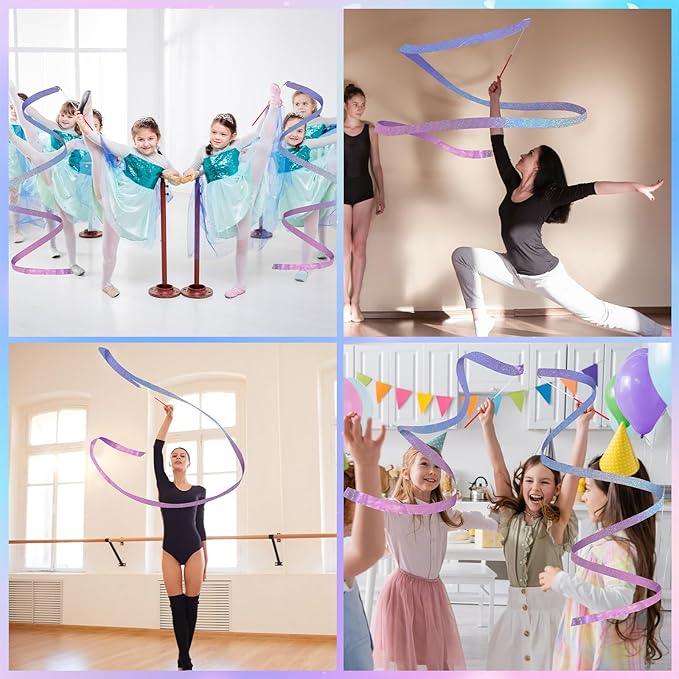 24 Pcs Sparkling Dance Ribbon for Kids Rhythmic Gymnastics Birthday Party Favors Twirling Streamer for Girl Princess Artistic Dancing Outdoor Game Supplies(Gradient Blue Purple)