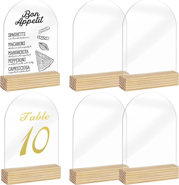 Clear Acrylic Sign with Wooden Stand Table Numbers DIY, 10 Pack Acrylic Sheets Table Signs for Wedding, 4x6 Inch Arch Signs Blank for Restaurant Party Bridal Shower (No printing included)