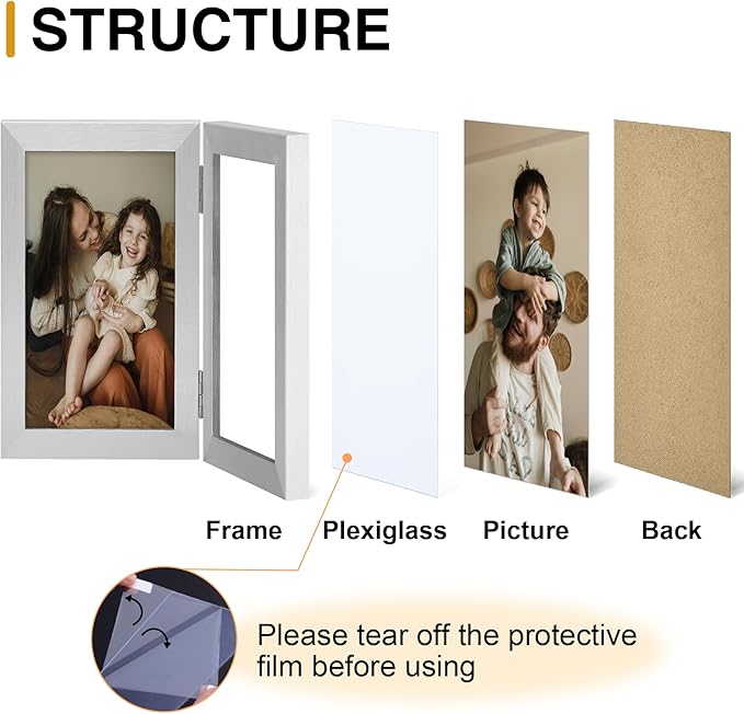 decorUhome Double 5x7 Picture Frame Vertical, Engineered Wood Bifold Photo Frame with Plexiglass for Tabletop Display, 5x7, Silver