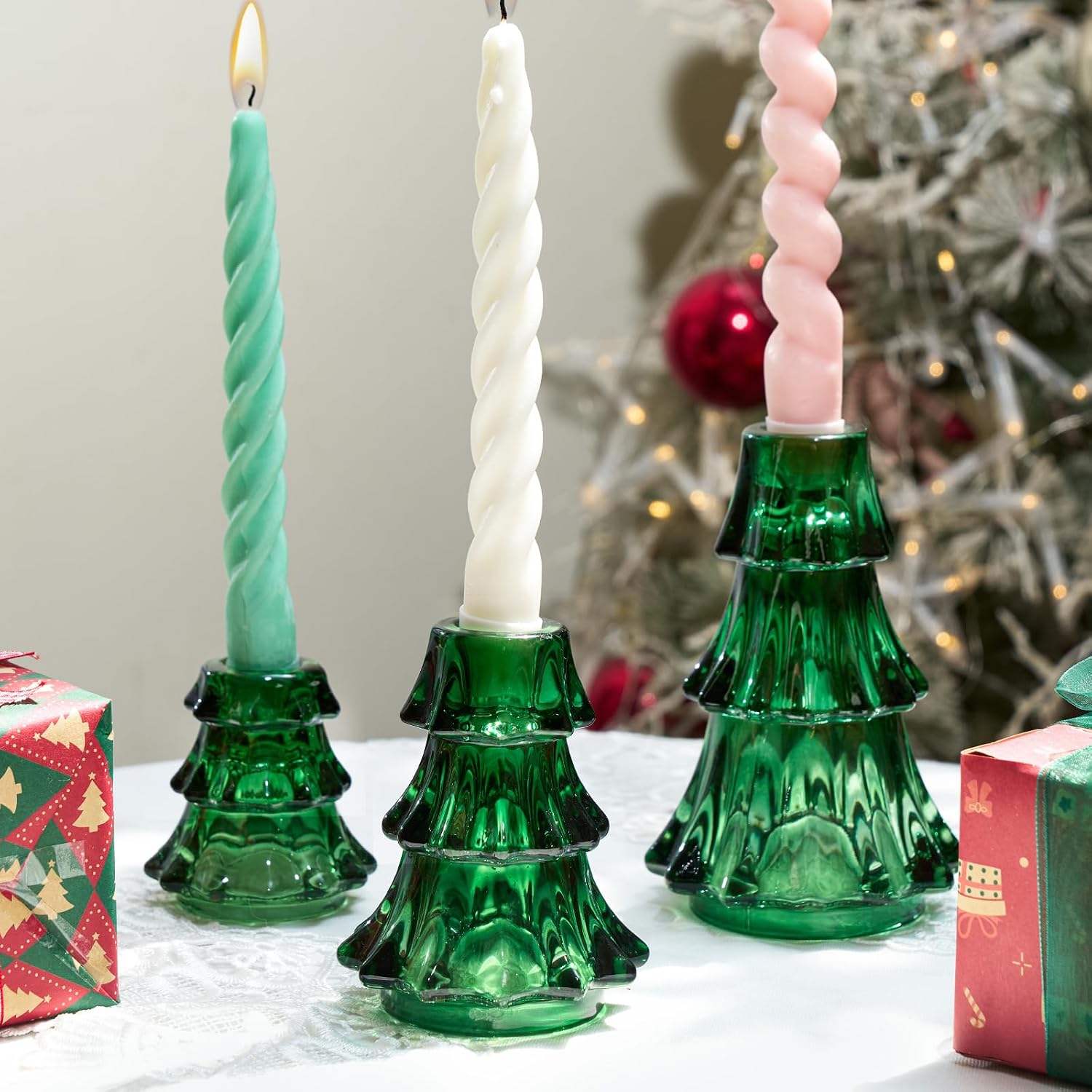 CHILL RECIPE Christmas Tree Candle Holders Xmas Glass Taper Candlestick Holders Thickened with Rubber Candle Grippers for Decoration Table Centerpiece Dinner Party Home Decor(Green 3Pcs &Box)