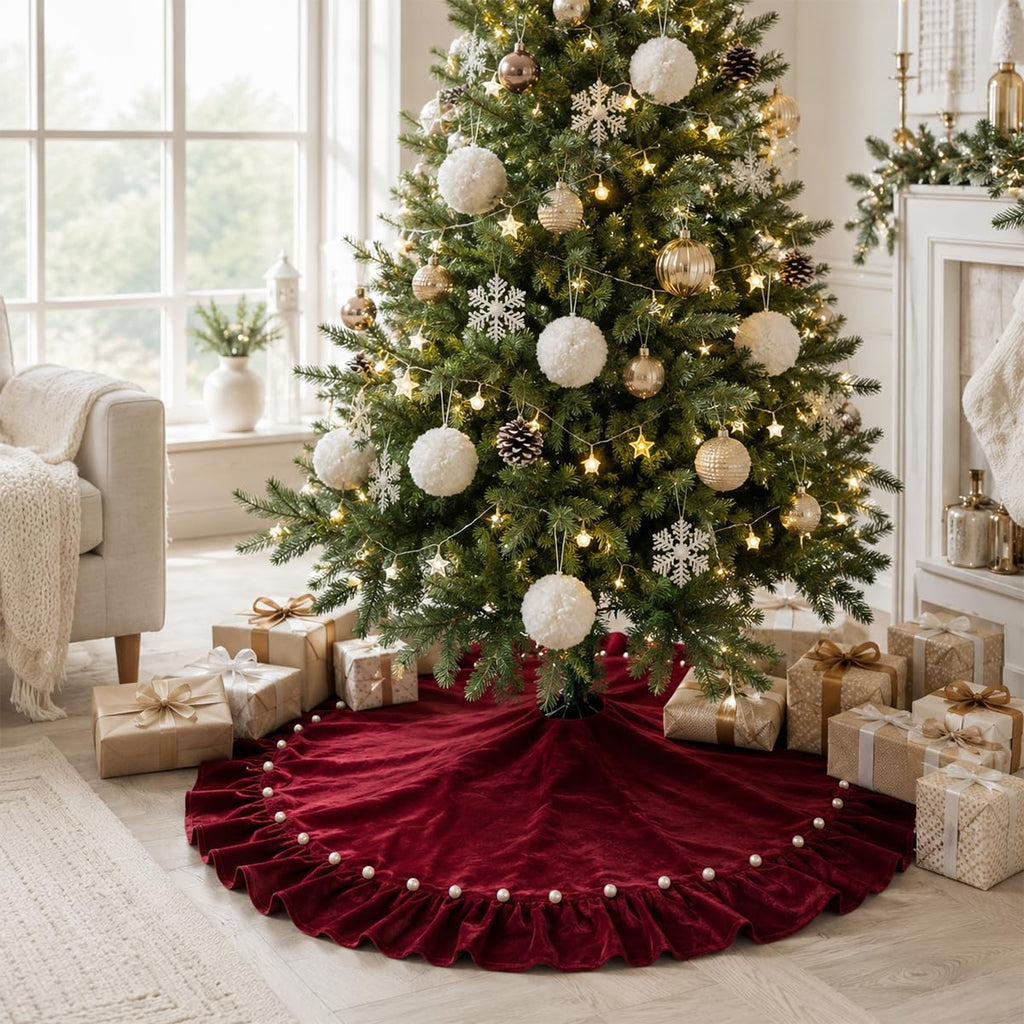 WineRed Velvet Christmas Tree Skirt with Ruffled Edge and Faux Pearl, 60 Inches Rustic Vintage Xmas Tree Skirt for Party Decorations