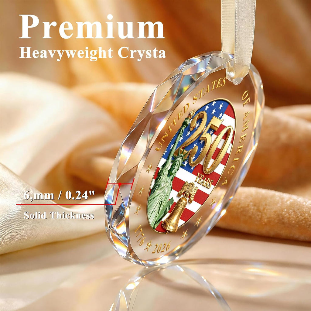 250 Anniversary USA Ornament for 4th of July Decorations - Crystal Glass Patriotic Christmas Ornaments - 1776-2026 Statue of Liberty Bell & US Flag Keepsake for Veterans Day and Holiday Gifting