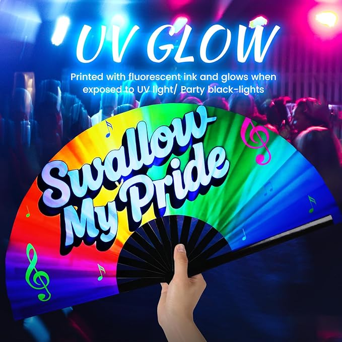 SYNTECSO Folding Hand Fan for Rave, Popping Fan for Line Dancing, Drag Queen, Women and Men Gift，Chinese Japanese UV Glow Clack Fan for Parties, Music Festivals, EDM and Decoration