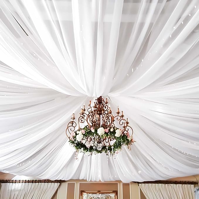 10 Panels White Ceiling Drapes for Wedding 5ftx30ft Sheer Drapery Chiffon Fabric Arch Draping Curtains for Party Ceremony Birthday Baby Shower Reception Stage Ceiling Decorations