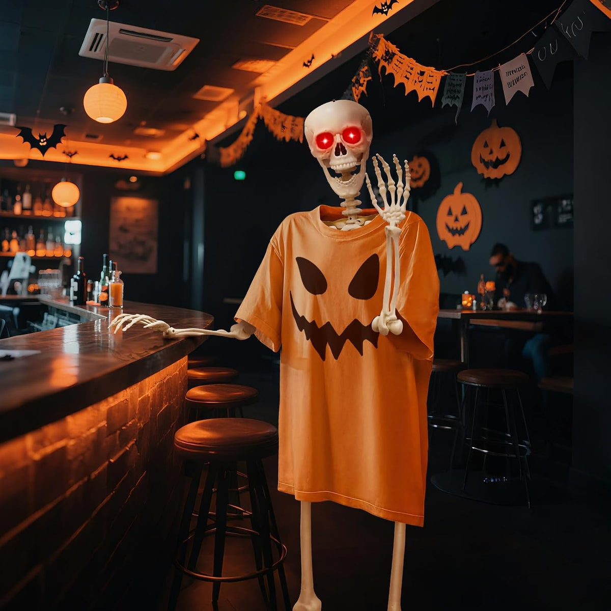 halloween decorations outdoor 5.4ft life-size realistic posable skeleton shown in use