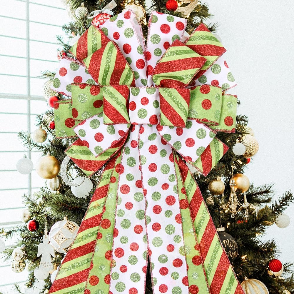 Christmas Tree Topper Wreath Bow Large Green Christmas Bow Tree Topper, 45"x13" Red Green Dot Polyester Gift Ribbon for Xmas Ornament Holiday Home Wedding Thanksgiving Indoor/Outdoor Decoration