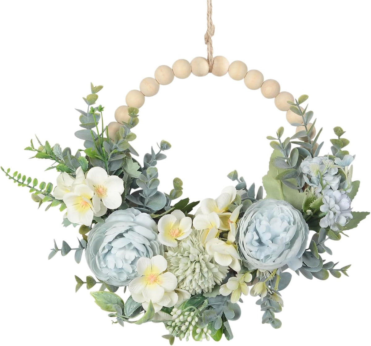 wood bead floral blue wreath boho farmhouse decor, main product view