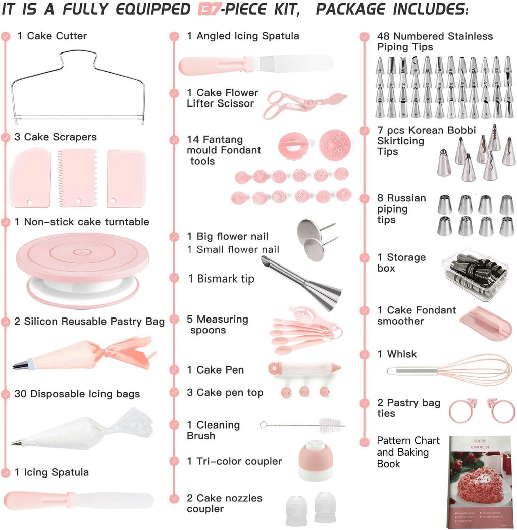 Cake Decorating Kit,137pcs Cake Decorating Supplies with Cake Turntable for Decorating,Pastry Piping Bag,Russian Piping Tips Baking Tools, Cake Baking Supplies for Beginners(Light Pink)