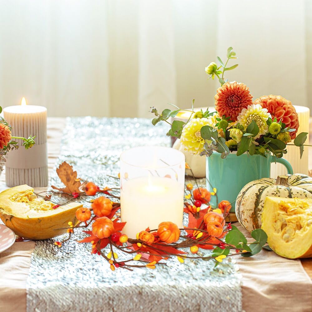 2 Pieces Pumpkins Maple Leaves Candle Rings Wreaths with Pip Berry Fall Candle Rings Thanksgiving Day Ring Holder Mini Autumn Artificial for Wedding,Door Tabletop Decoration (Orange)