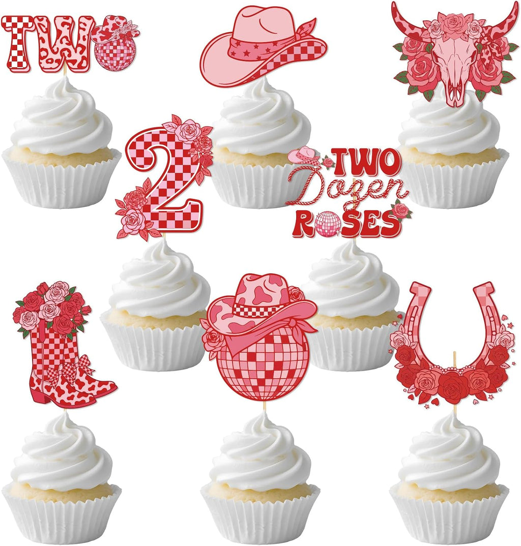 Two Dozen Roses 2nd Birthday Theme Decorations, 40PCS 2nd Birthday Cupcake Toppers Party Decorations for Girl, Pink Floral Western Cupcake Picks Table Decor Supplies